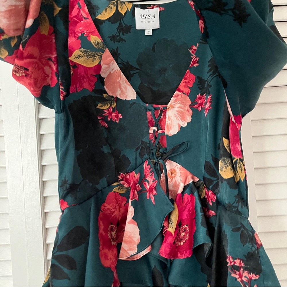 Misa Los Angeles green floral print ruffle peplum hem long sleeve blouse size S. - Picture 6 of 12